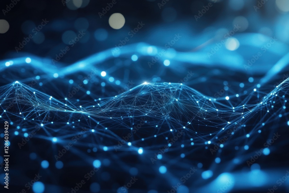 Poster intricate web of glowing lines and nodes shimmering in deep blue, creating a mesmerizing digital lan