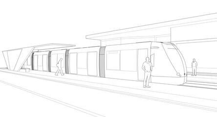tram at the station sketch 3d illustration