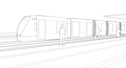 tram at the station sketch 3d illustration