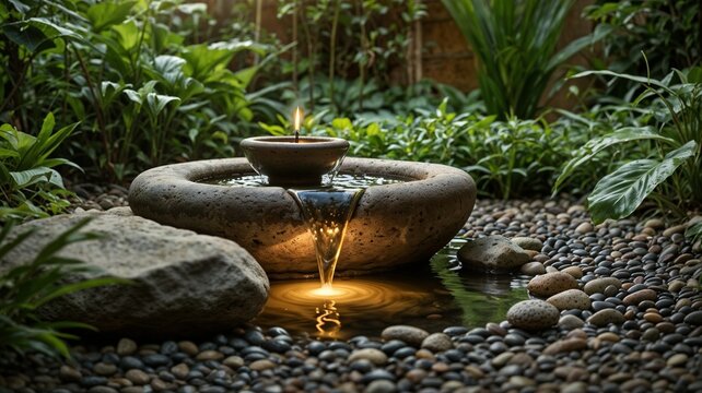 A small fountain flows gently in a tranquil corner surrounded by lush greenery. A few scattered pebbles and a lit incense stick add to the tranquil atmosphere. It invites deep relaxation and meditatio