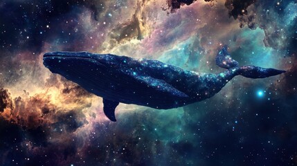 Fototapeta premium A massive space whale floats through a nebula, its bioluminescent body trailing glowing stardust