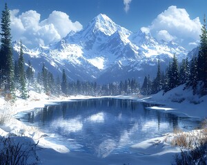 Serene Frozen Pond Surrounded by Snowy Mountain Peaks and Vibrant Blue Sky