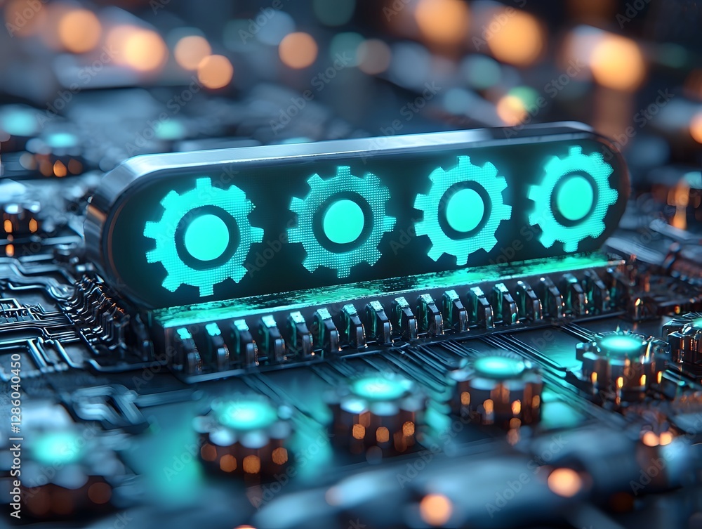 Poster glowing neon digital loading bar with pixelated gear animations on sleek modern white setup