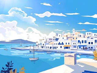 Obraz premium Greek island coastal village with white houses by sea illustration