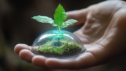Hand holding delicate protected seedling.