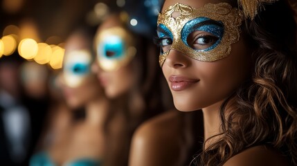 Woman wearing a blue and gold mask stands in front of two other women wearing masks. Scene is celebratory and festive, as the women are likely attending a masquerade ball or a similar event
