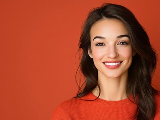 Fototapeta premium Young woman with dark hair wearing red sweater smiling warmly against vibrant red background radiating happiness positivity and a dynamic contemporary aesthetic in a striking portrait composition