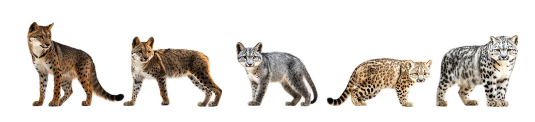 Group of five wildcats displaying unique fur patterns and colors side by side