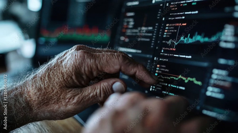 Poster a close-up of a person's hand interacting with a digital screen displaying financial data and charts