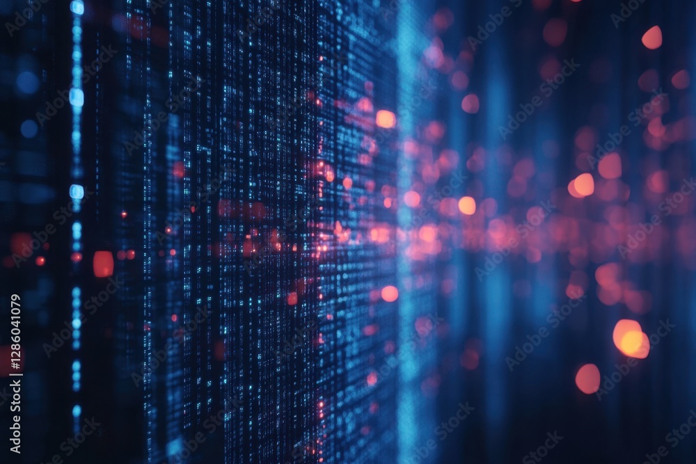 Poster exploring the vibrant rhythm of digital data flowing through interconnected networks at night. gener