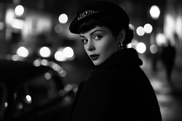 vintage parisian street scene film noir aesthetic elegant woman in 1950s fashion moody black and white composition