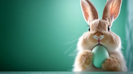 Obraz premium Rabbit is holding an egg in its mouth. The rabbit is looking at the camera with a curious expression. Concept of innocence and playfulness