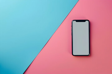 A modern smartphone lying on a vibrant pink and blue background, showcasing its sleek design