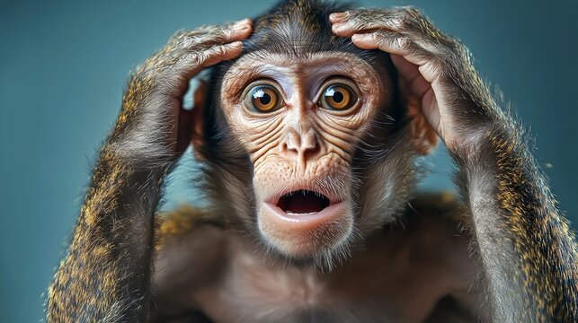 Baby monkey with its head down and looking up. The monkey has a surprised expression on its face