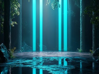 A modern, dark podium with a backdrop illuminated by light and reflections