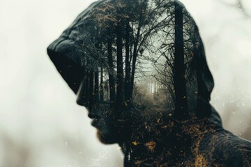 Mans face double exposure with trees in background