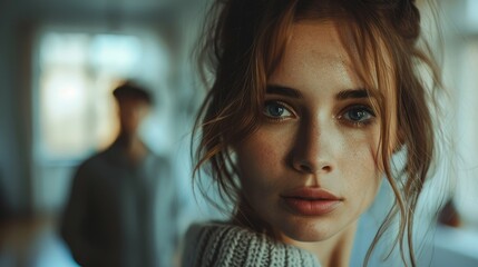 Moody Evening Portrait of a Thoughtful Young Woman in Soft Indoor Lighting