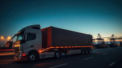 semi-track trailer in the evening harbor