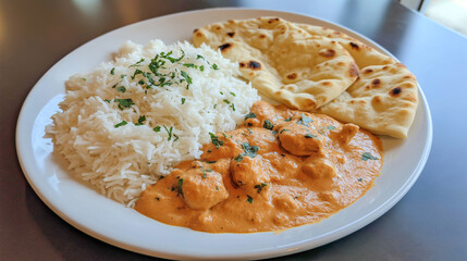 Delicious chicken curry served with white rice and naan in a cozy restaurant setting