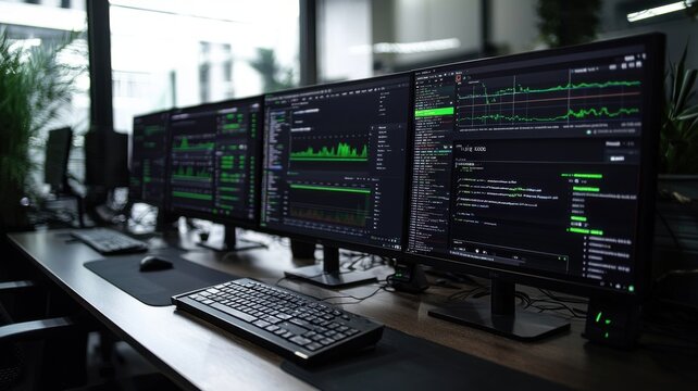 A modern workspace featuring multiple monitors displaying data analytics, trading graphs, and financial information, ideal for tech-savvy professionals.