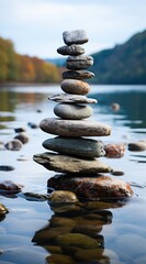 A pyramid of stones against the backdrop of a mountain river and green forest. The theme of equilibrium and balance.