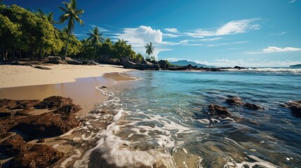 Charming tropical island with yellow beach, blue waves and blue sea. Sunny deserted beach with clear water. Theme of travel and recreation.