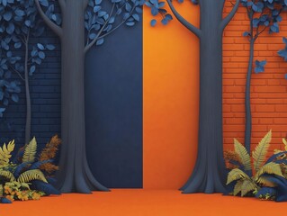 Stylishly arranged blue orange trees against brick wall background. AI Generated