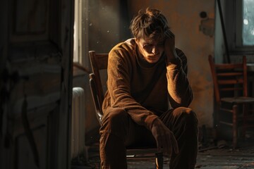 Pensive Man Sitting in Abandoned Room with Sunlight Filtering Through Windows