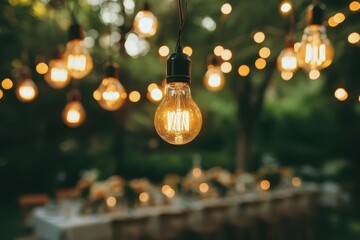 vintagestyle edison bulbs strung across a garden reception space creating a warm golden glow over elegant table settings and dancing couples in soft focus