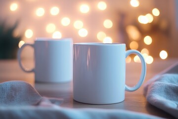 Obraz premium Cozy Morning with White Ceramic Mug and Soft Textile in Background