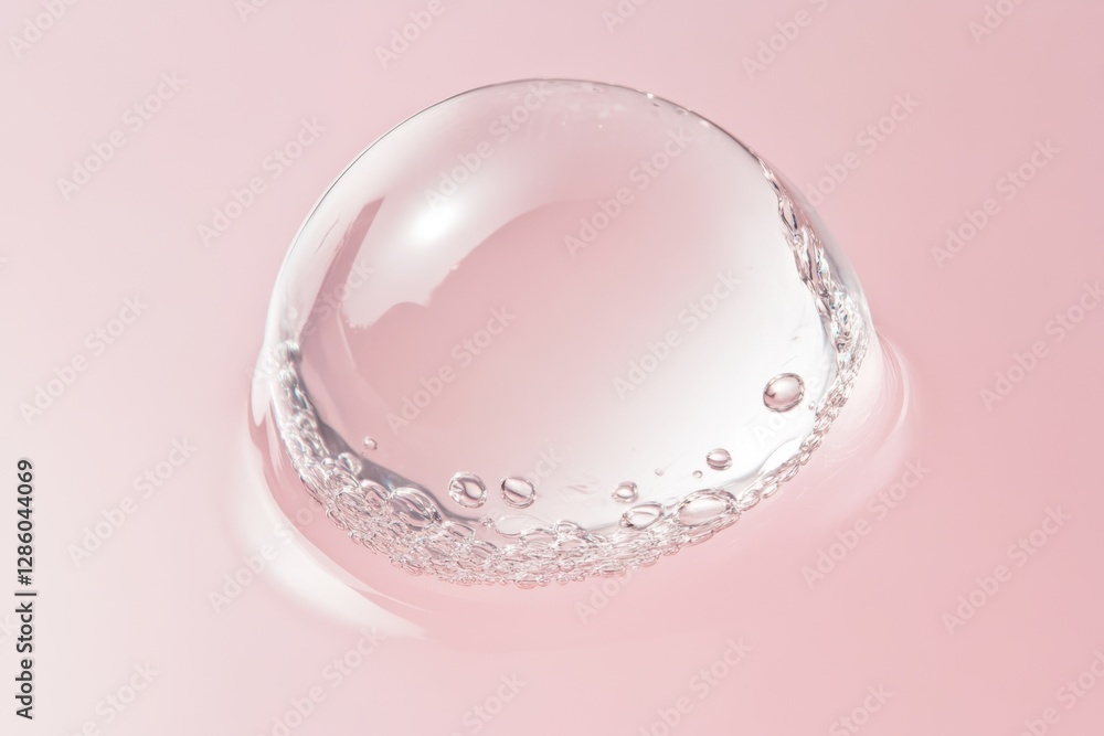 Poster floating bubble capturing light and reflections on a soft pink background in a serene and minimalist