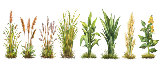 Naklejka premium A series of various grass and plant species displayed in an organized arrangement, showcasing different textures and colors. isolated on white background.