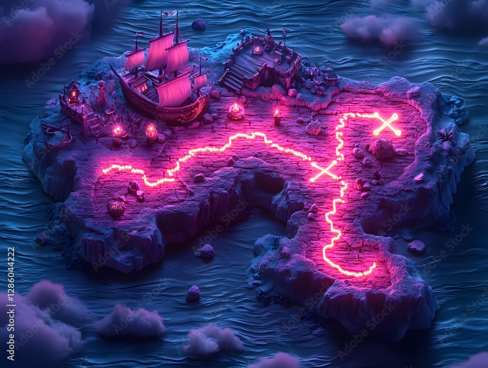 Poster whimsical glowing treasure map progress bar depicting loading concept