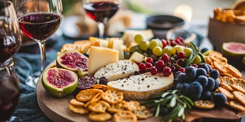 A Culinary Symphony: An artistic display of cheese, fruits, and crackers, arranged on a rustic wooden platter alongside glasses of rich red wine, evoking a sense of indulgence and refined taste.