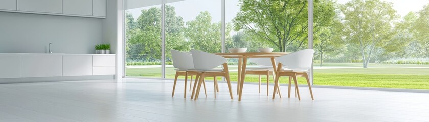 Fototapeta premium Modern dining room, bright, airy, green view.