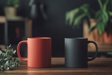 Minimalist Design Featuring Two Coffee Mugs on Wooden Table
