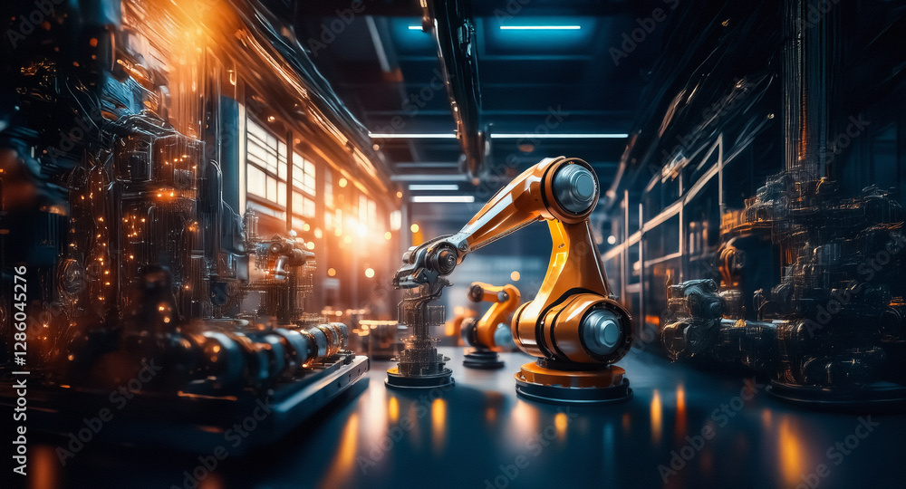 Aufkleber futuristic factory interior with orange robotic arms. automated machinery and shiny floors create a 