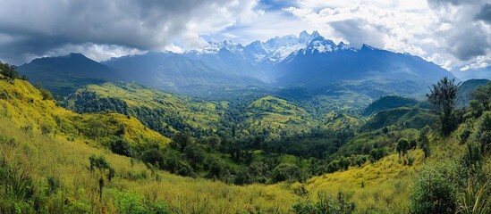 Obraz premium Panoramic view of majestic mountains and lush green valley.