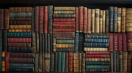 Obraz premium Stack of Vintage Books with Colorful Worn Covers, A close-up view of a stack of old, weathered books with colorful, worn covers