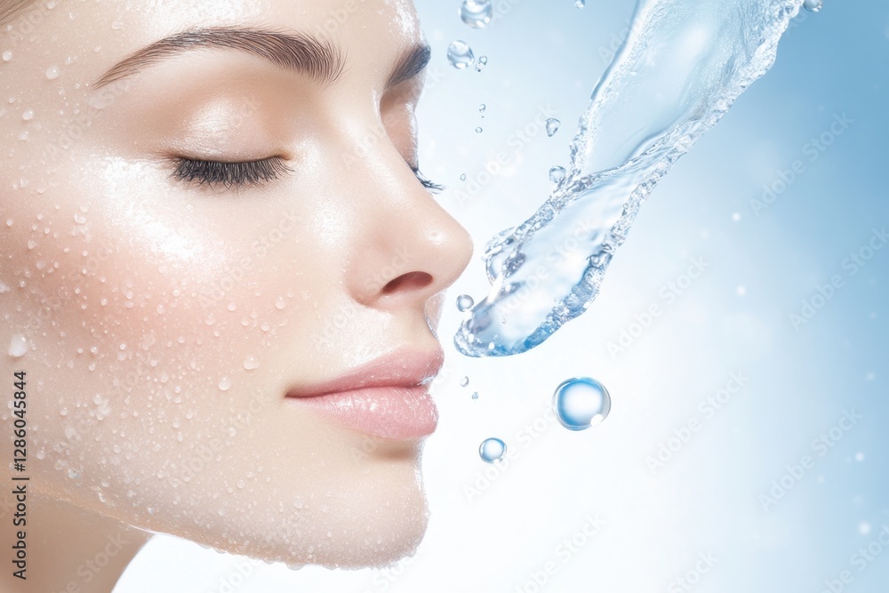 Poster radiant beauty interacts with splashes of water, capturing the essence of refreshment and serenity i
