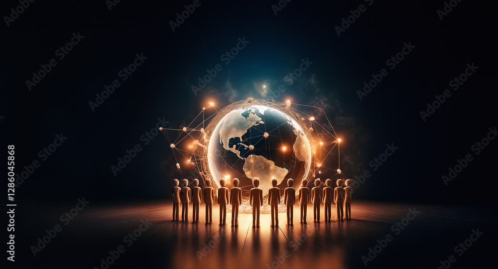 Aufkleber circle of people surrounds a glowing earth globe. a network of light connects points, symbolizing gl