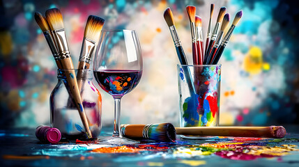 Art and wine night banner with paintbrushes, wine glasses, and creative splashes of color, ready to advertise summer sip and paint deals.