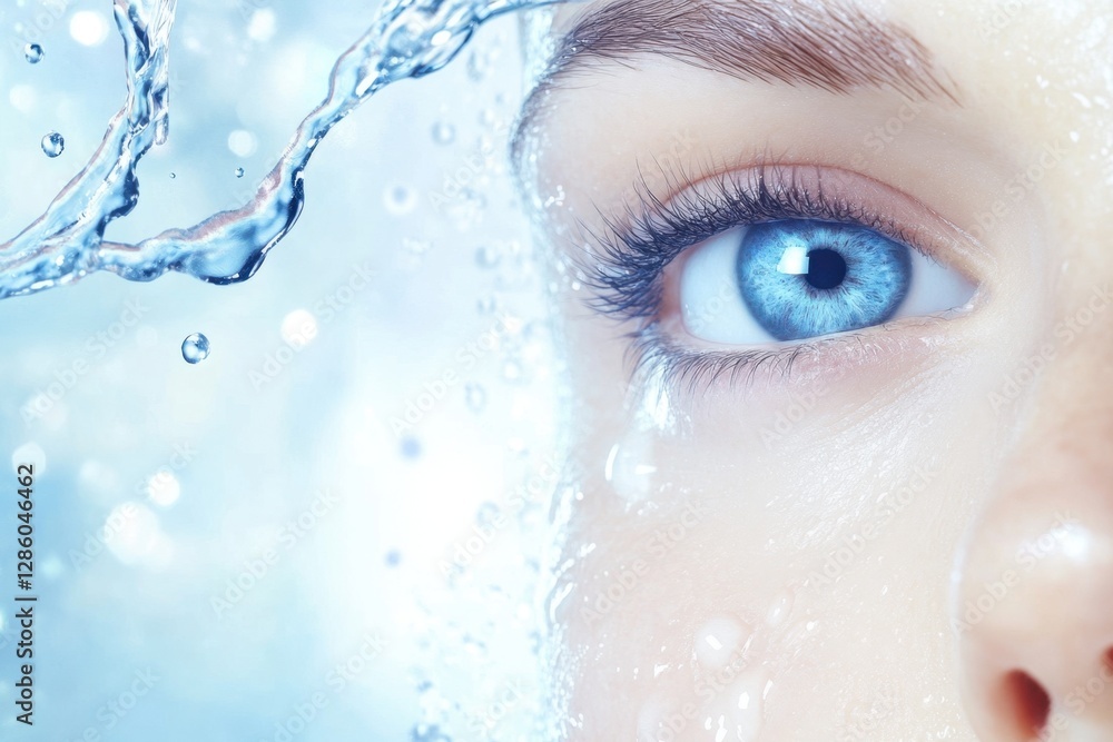 Poster captivating close-up of a blue eye surrounded by splashes of refreshing water in a serene and tranqu