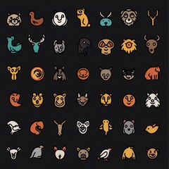 Fototapeta premium Colorful animal icons on dark background, depicting various cute creatures.