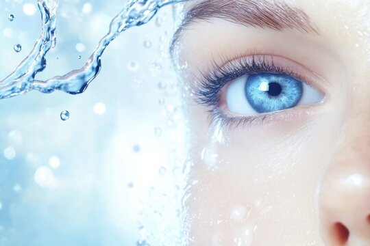 Captivating close-up of a blue eye surrounded by splashes of refreshing water in a serene and tranquil environment. Generative AI