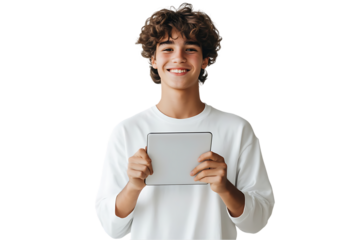 Smiling teen holding tablet.