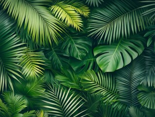 Dense jungle palm leaves overlapping in exotic tropical pattern with deep green hues and rich textures creating immersive nature inspired botanical background digital wallpaper