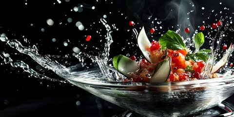 Splashing Culinary Art: A vibrant and artistic food composition with an alluring presentation, featuring fresh ingredients and a dramatic water splash against a dark backdrop.