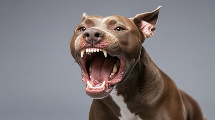 Brown and white pitbull with mouth wide open, showing teeth and pink tongue against grey background.