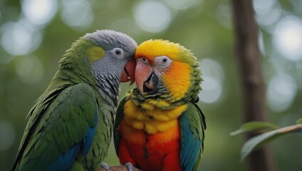 Obraz premium Colorful parrots lovebirds on a tree